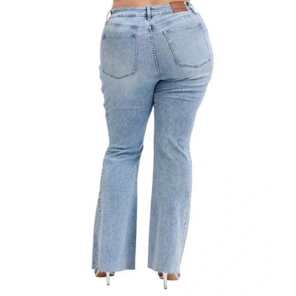 Judy Blue Full Size Mid Rise Rhinestone Side Panel Detail Flare Jeans Plus Size - Picture 7 of 15